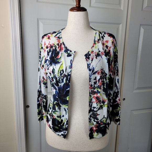 Jones & Co New York women's Cardigan- LARGE- 3/4 Sleeve cream Linen floral print - Picture 3 of 12